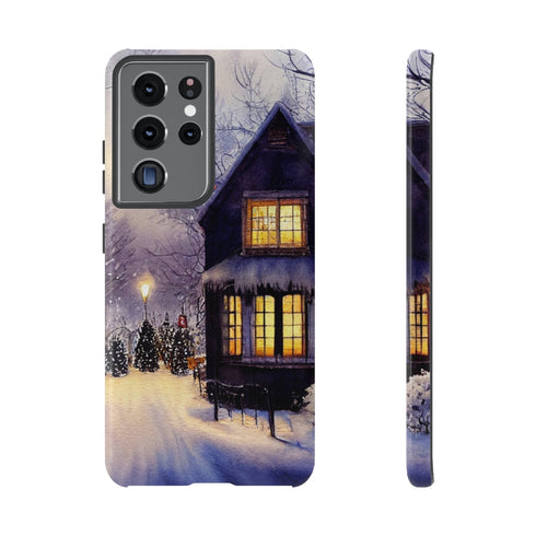 Glowing Homes in the Snow with Christmas Decorations - Impact Resistant Phone Case Samsung Galaxy S21 Ultra Glossy